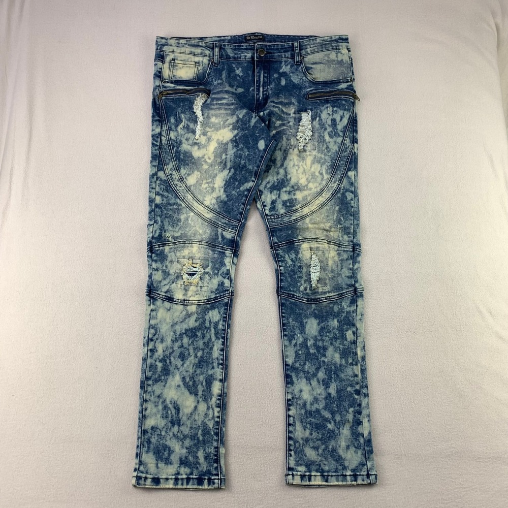 Black Premium Moto Skinny Jeans Men 38x32 Blue Acid Wash Distressed Biker Denim